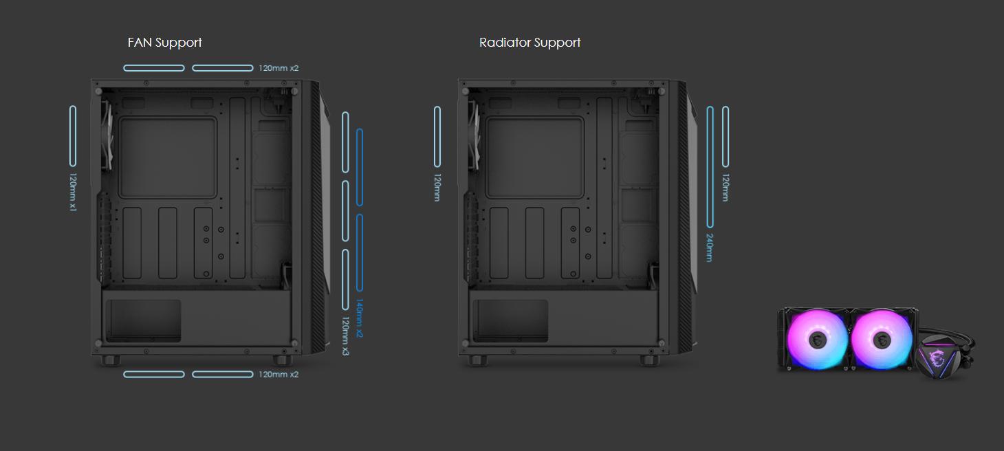 Vỏ Case MSI MAG SHIELD 110R (Mid Tower/Màu Đen) hỗ trợ tốt Radiator 240mm/280mm